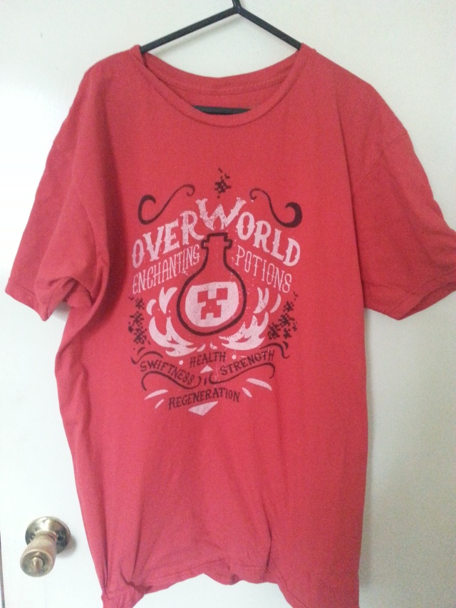 Overworld Enchanting Potions T-shirt (J!NX giveaway, 2016) - When I found out that I'd won the J!NX Christmas 2015 Minecraft pack giveaway, I pretty much lost my shit :D Part of the giveaway were three T-shirts and two hoodies of my choosing, making a massive boost to my Nerd Wardrobe :D This potions tee was my first pick :D