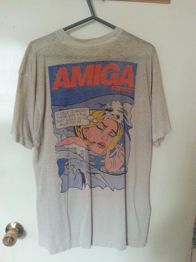 My oldest item: an Amiga Format T-shirt that I won from the magazine, way back in 1991. I don't actually wear it now, but it's had a lot of use in the 25 years I've had it, as you can probably tell from the fact you can make out the coat hanger through the fabric!